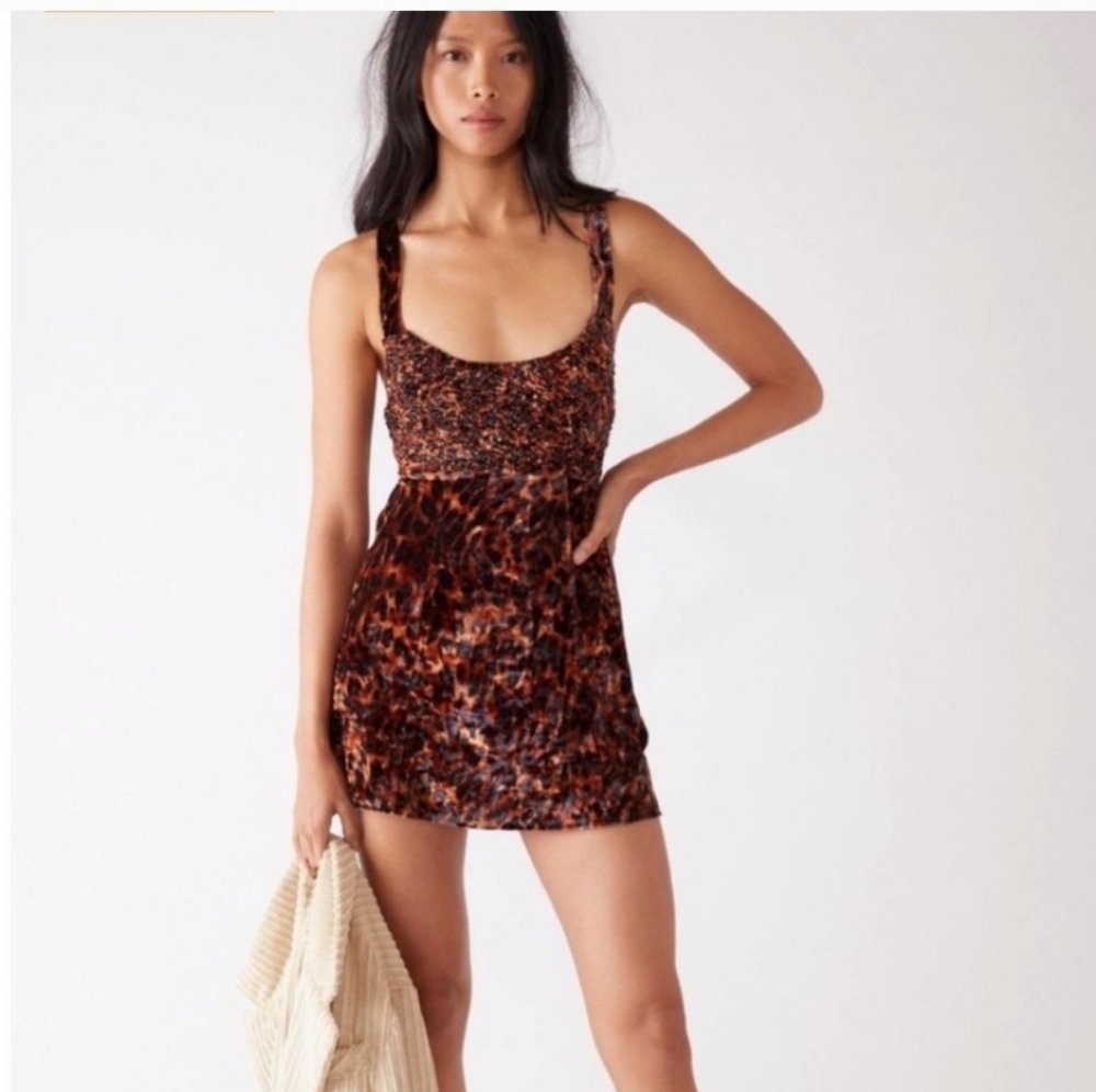 FREE PEOPLE 'VIRGO MOON' VELVET SLIP MINI DRESS LEOPARD PRINT